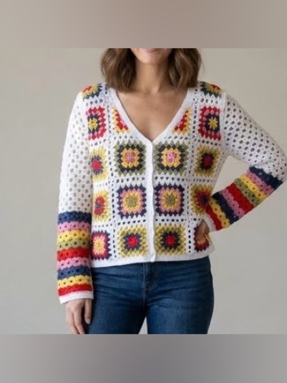 Liv Los Angeles Women’s Size XL White Multi V-neck Button Front Cardigan Sweater